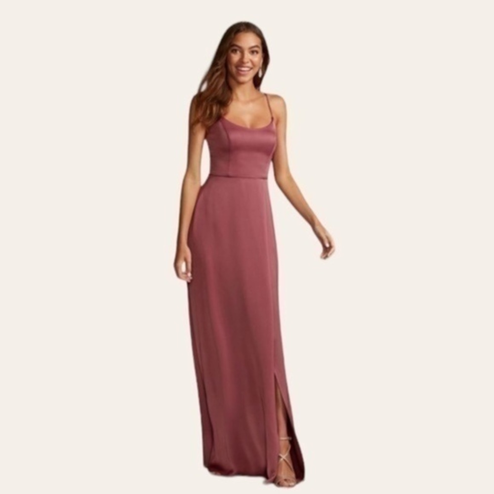 David’s Bridal Mauve Chianti Long Scoop Neck Side Split BridesMaids Dress
